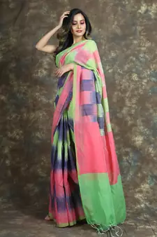 Multicolor woven blended cotton saree with blouse