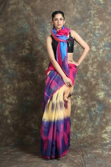 Multicolor woven blended cotton saree with blouse