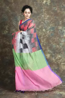 Multicolor woven blended cotton saree with blouse
