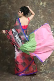 Multicolor woven blended cotton saree with blouse