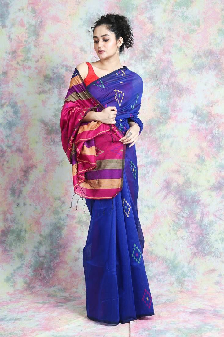 Royal blue woven blended cotton saree with blouse