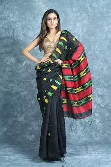 Black woven blended cotton saree with blouse