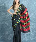 Black woven blended cotton saree with blouse