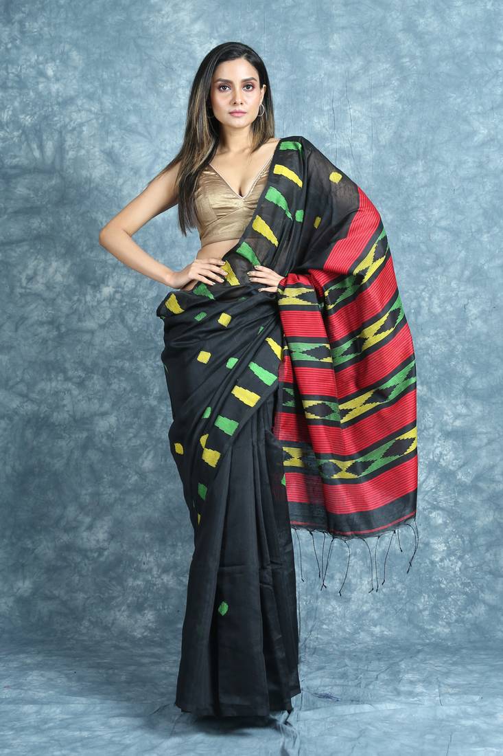 Black woven blended cotton saree with blouse