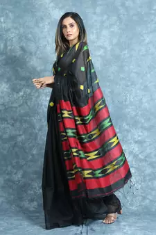 Black woven blended cotton saree with blouse
