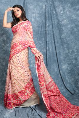 Off White Jamdani Saree With All Over Butta Work Without Blouse 2
