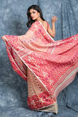 Off White Jamdani Saree With All Over Butta Work Without Blouse 3