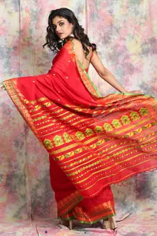 Red Pure cotton Handloom Saree with thread worked border and pallu