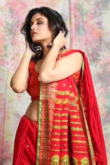 Red Pure cotton Handloom Saree with thread worked border and pallu