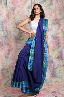 Dark Blue Pure cotton Handloom Saree with thread worked border and pallu