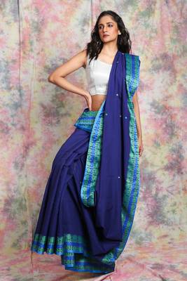 Dark Blue Pure cotton Handloom Saree with thread worked border and pallu 2