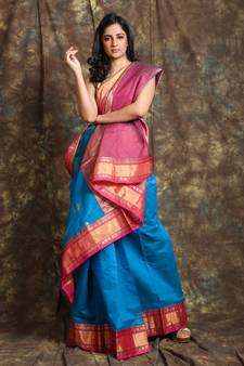 Dark sky blue woven silk saree with blouse