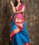 Dark sky blue woven silk saree with blouse