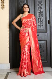 Red woven benarasi design silk saree