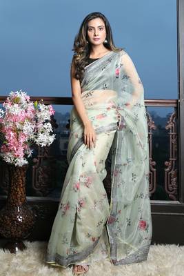 Light pear organza silk with digital print and border 1