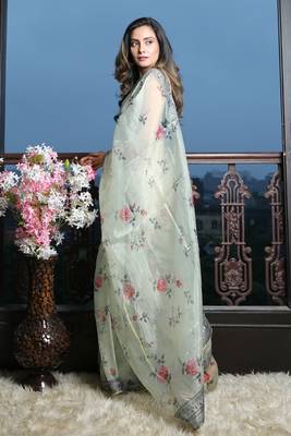 Light pear organza silk with digital print and border 3