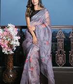 Fossil Grey organza silk with digital print and border