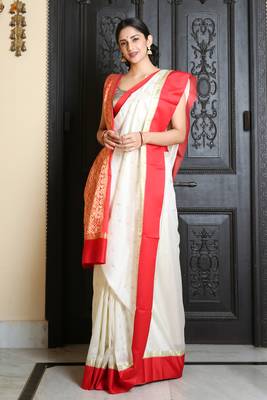 White Silk Blend Zari Woven Traditional Red Border Bengali Saree 1