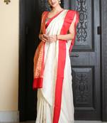 White Silk Blend Zari Woven Traditional Red Border Bengali Saree