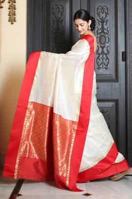 White Silk Blend Zari Woven Traditional Red Border Bengali Saree 3