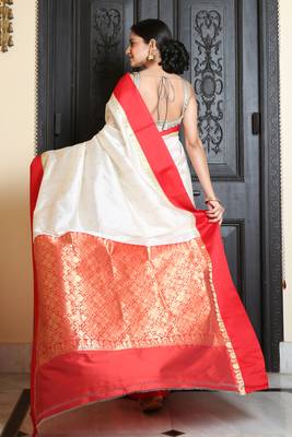 White Silk Blend Zari Woven Traditional Red Border Bengali Saree 4