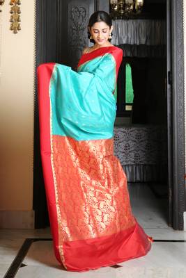 Turquoise woven silk blend saree with blouse 3