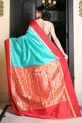 Turquoise woven silk blend saree with blouse 4