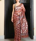Chocolate Brown Jamdani Saree With All Over Silver Zari Work Without Blouse
