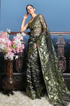 Black Jamdani Saree With All Over Golden Zari Work Without Blouse