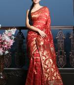 Maroon jamdani saree with all over golden zari work