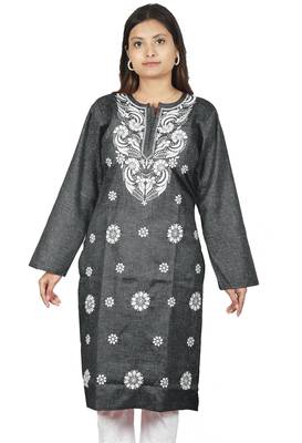 Lavangi Women's Lucknow Chikan Embroidery Work Khadi Cotton Kurti (Black) 1