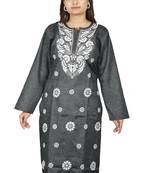 Lavangi Women's Lucknow Chikan Embroidery Work Khadi Cotton Kurti (Black)