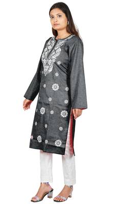 Lavangi Women's Lucknow Chikan Embroidery Work Khadi Cotton Kurti (Black) 2