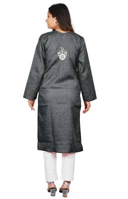 Lavangi Women's Lucknow Chikan Embroidery Work Khadi Cotton Kurti (Black) 3