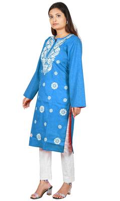 Lavangi Women's Lucknow Chikan Embroidery Work Khadi Cotton Kurti (Turquoise Blue) 2