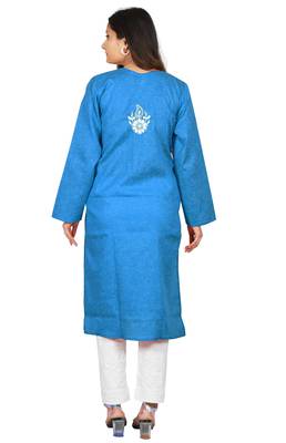 Lavangi Women's Lucknow Chikan Embroidery Work Khadi Cotton Kurti (Turquoise Blue) 3