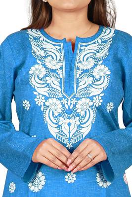 Lavangi Women's Lucknow Chikan Embroidery Work Khadi Cotton Kurti (Turquoise Blue) 4
