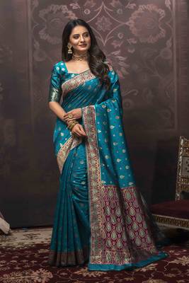 Blue woven art silk saree with blouse 1