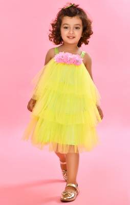 Saka Designs ruffled Neon Green Party Dress 1