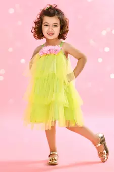 Saka Designs ruffled Neon Green Party Dress