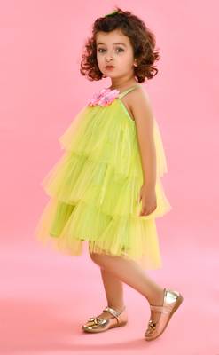 Saka Designs ruffled Neon Green Party Dress 5