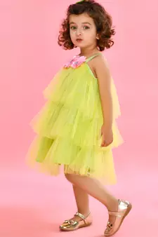 Saka Designs ruffled Neon Green Party Dress