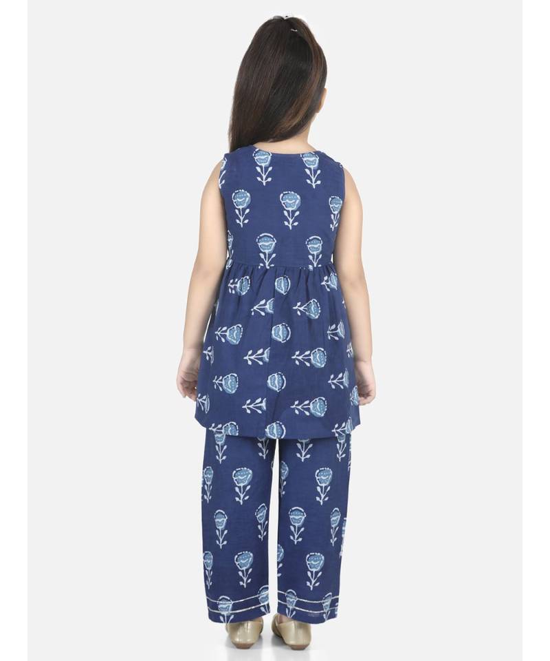 Sleeveless Blue Cotton printed stitched  girls kurti &   palazzo