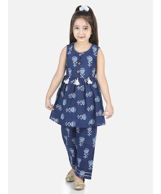 Sleeveless Blue Cotton printed stitched  girls kurti &   palazzo 1