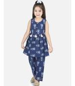 Sleeveless Blue Cotton printed stitched  girls kurti &   palazzo