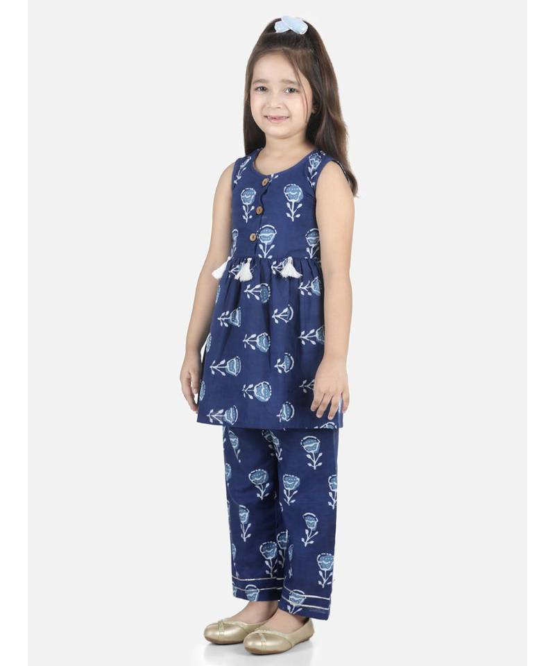 Sleeveless Blue Cotton printed stitched  girls kurti &   palazzo