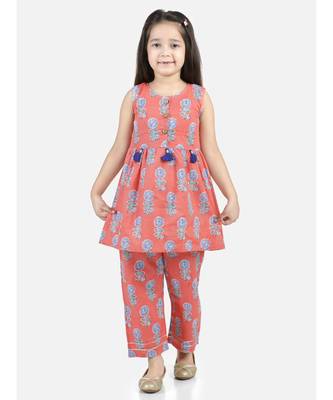 Sleeveless Coral Cotton printed stitched  girls kurti &   palazzo 1