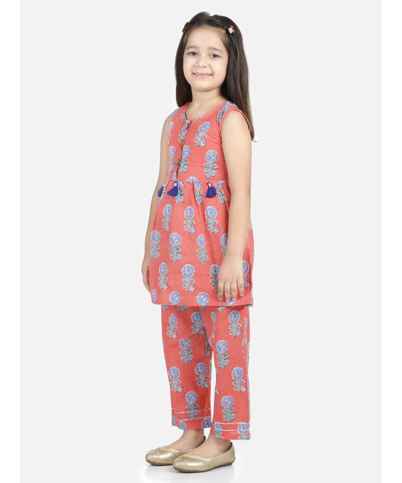 Sleeveless Coral Cotton printed stitched  girls kurti &   palazzo