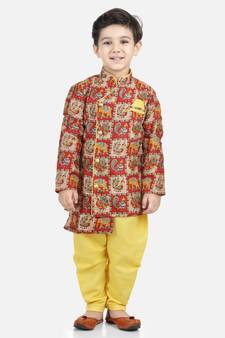 Long Sleeve Yellow silk printed stitched  kurta &   jacket