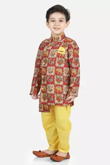 Long Sleeve Yellow silk printed stitched  kurta &   jacket